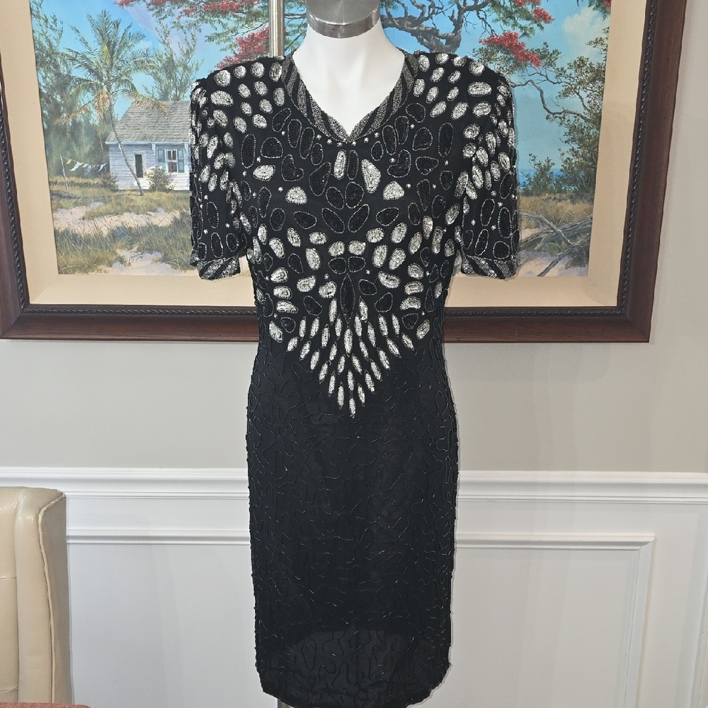 Cherish Elegant Black Midi Dress with Silver Accents